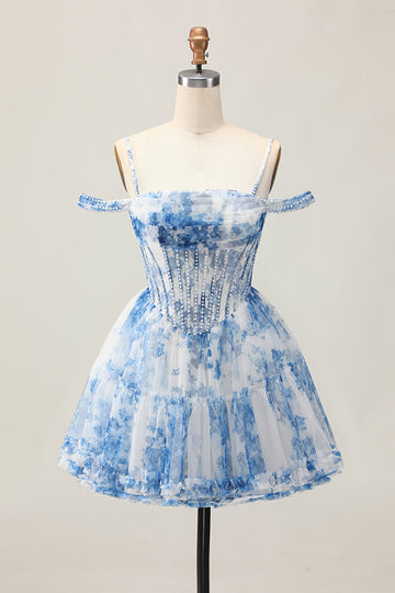 Robe de bal perlée imprimée à épaules dénudées blanc bleu fleur trapèze